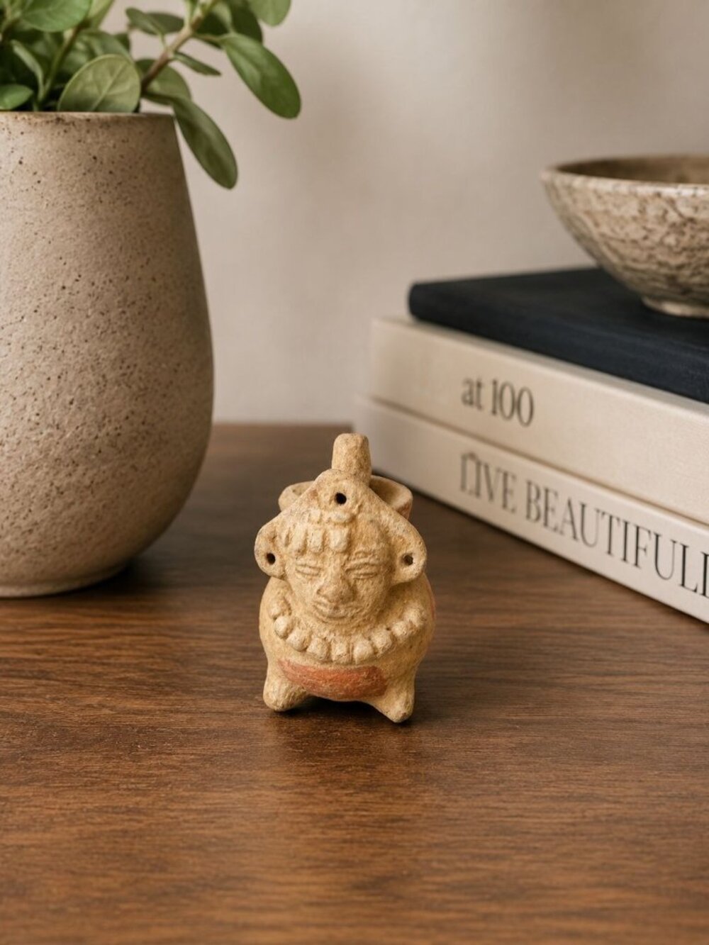 Mini Pre-Columbian Style Pottery Effigy Vessel Figural Clay Head Vase 2.5”